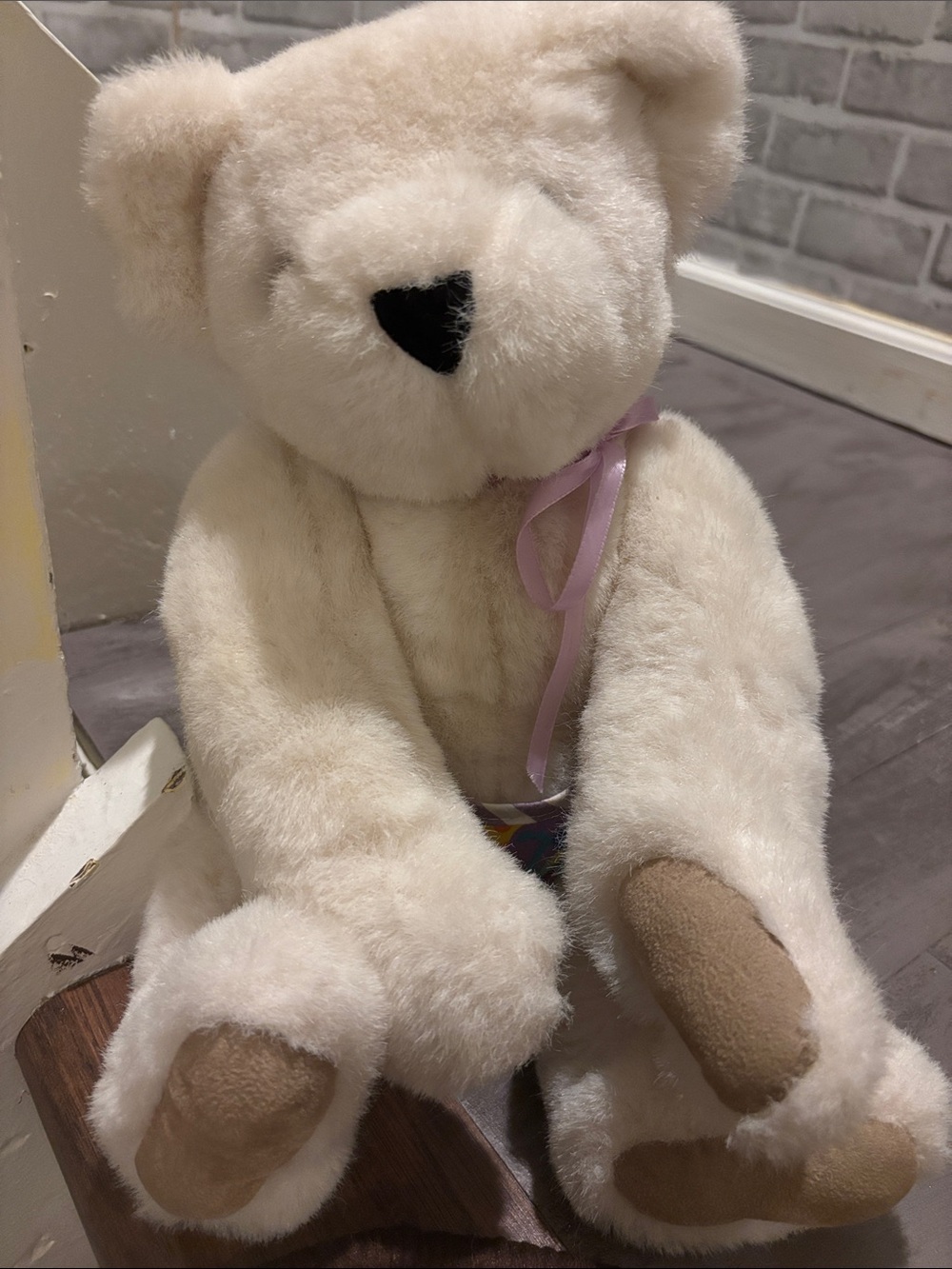 Plush Cream Teddy Bear with Pink Ribbon - Soft Kids Toy